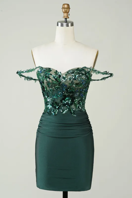 Unique Sheath Off the Shoulder Dark Green Short Homecoming Dress with Appliques sold by Wedtrend