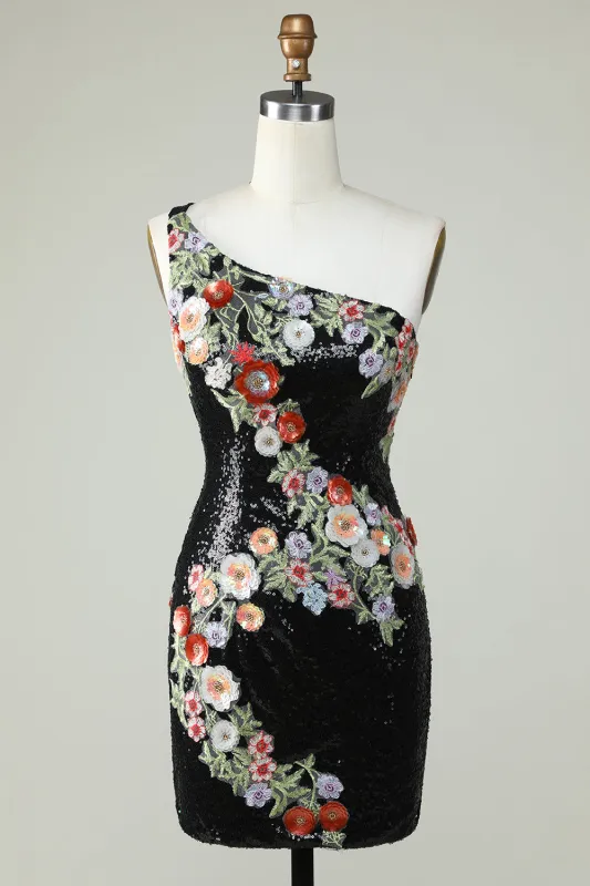 Bodycon One Shoulder Black Sequin Beading Homecoming Dress with 3d Flowers made by Wedtrend
