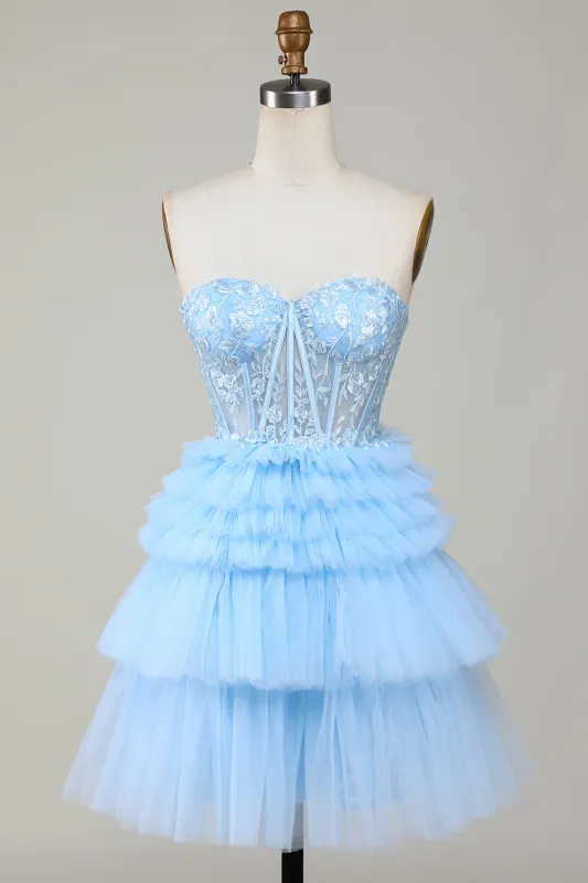 Trendy Blue A Line Sweetheart Tiered Short Homecoming Dress with Ruffles sold by Wedtrend