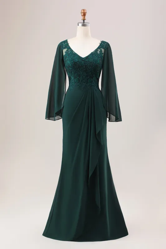 Dark Green Mermaid V Neck Beaded Mother of the Bride Dress With Long Sleeves made by Wedtrend
