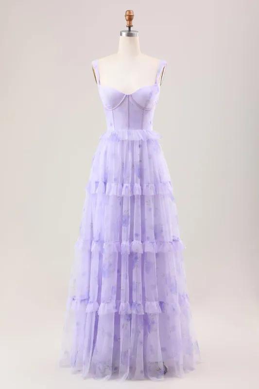 Lavender A Line Spaghetti Straps Print Tiered Corset Long Wedding Party Dress made by Wedtrend