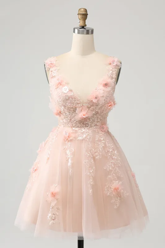 Cute Blush A Line V Neck Sequin Corset Short Homecoming Dress with Appliques made by Wedtrend