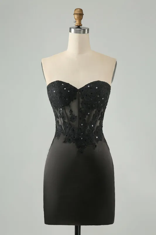Black Bodycon Sweetheart Corset Short Homecoming Dress with Appliques made by Wedtrend