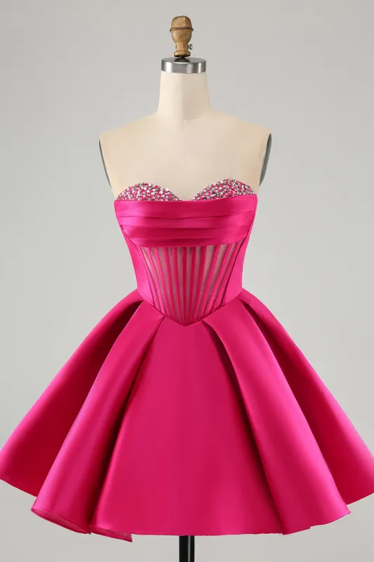 Cute Fuchsia A Line Sweetheart Corset Short Homecoming Dress with Beading sold by Wedtrend