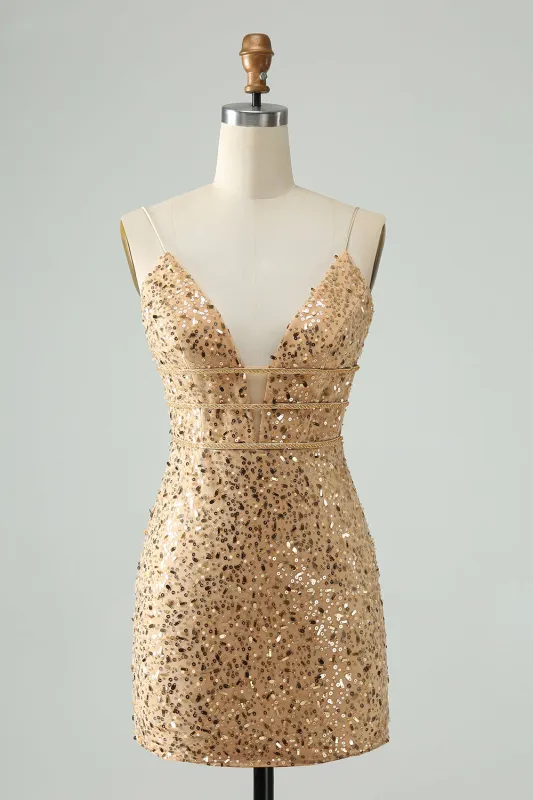 Glitter Golden Bodycon Spaghetti Straps Corset Short Homecoming Dress with Sequins sold by Wedtrend
