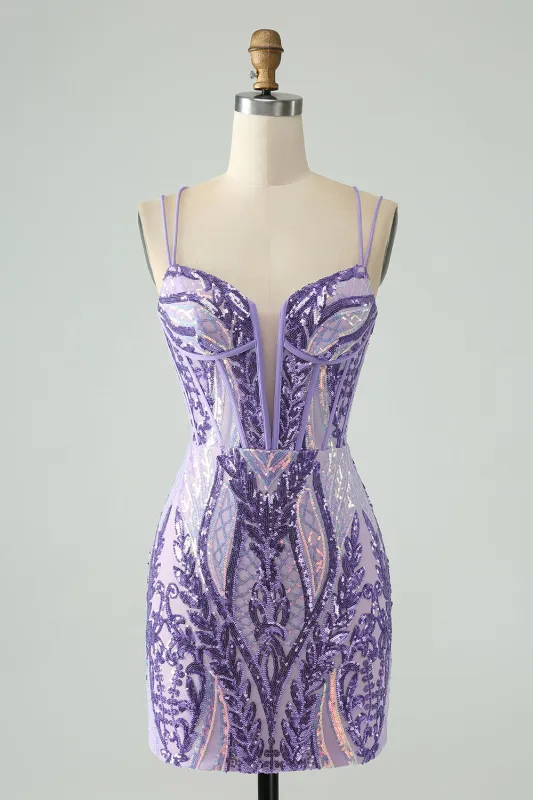 Gorgeous Dark Purple Bodycon Spaghetti Straps Corset Homecoming Dress with Sequins made by Wedtrend