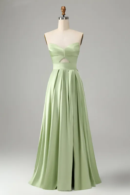 Green A Line Strapless Pleated Hollow Out Long Bridesmaid Dress With Slit sold by Wedtrend