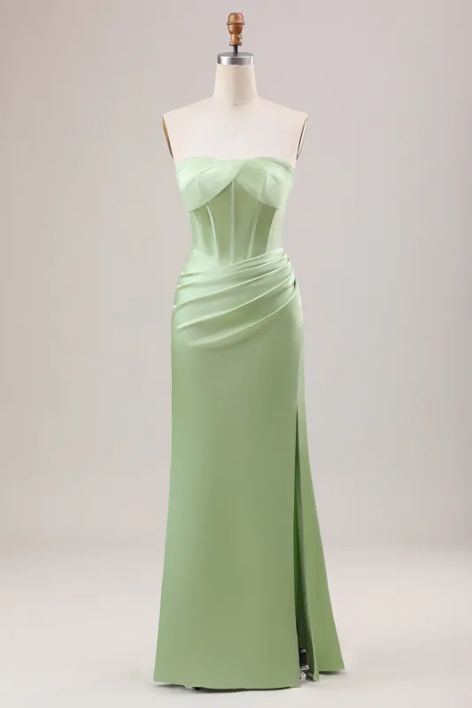 Green Mermaid Strapless Pleated Corset Long Bridesmaid Dress With Slit made by Wedtrend