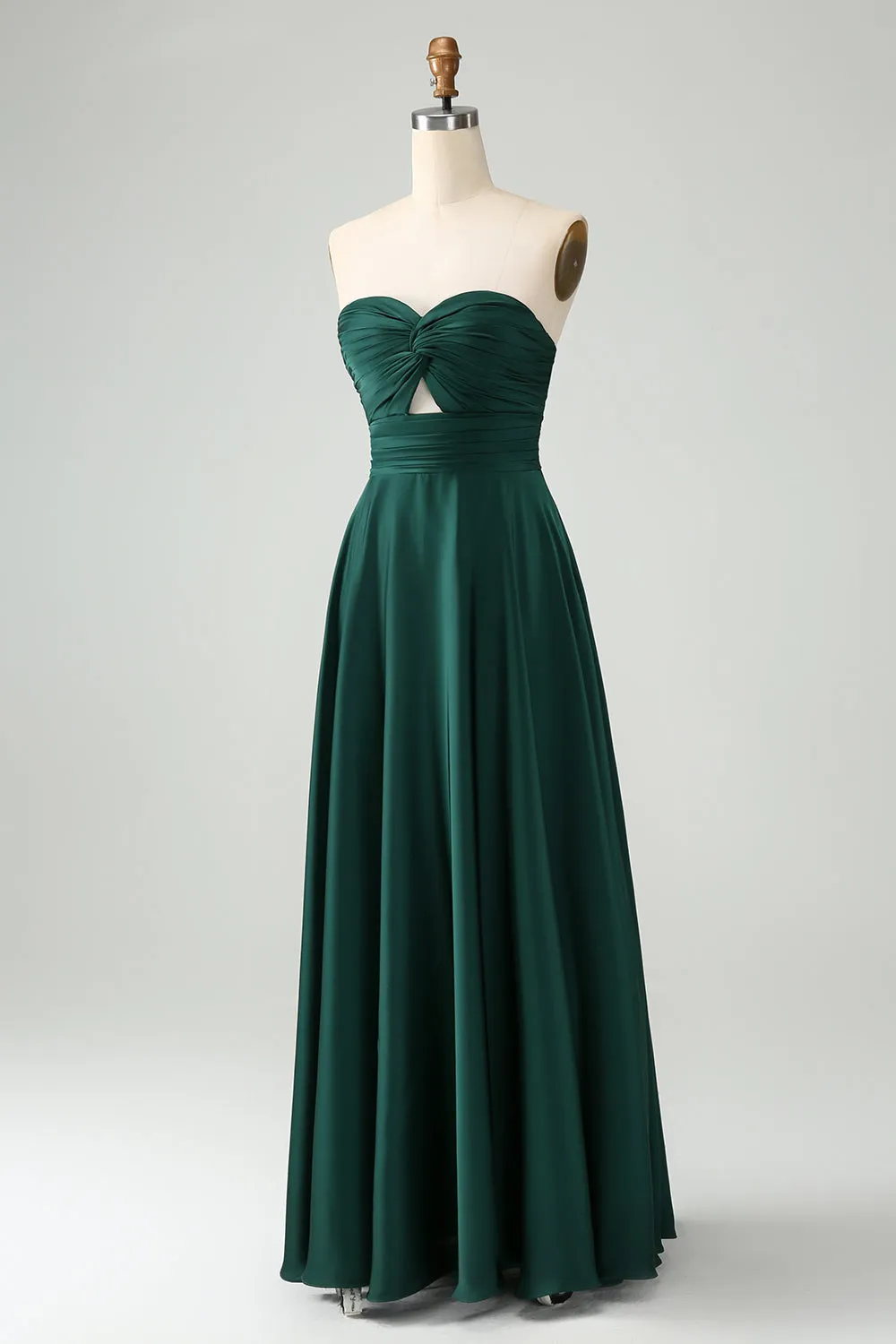 Dark Green A Line Sweetheart Satin Cut Out Pleated Long Bridesmaid Dress sold by Wedtrend product image thumbnail 3