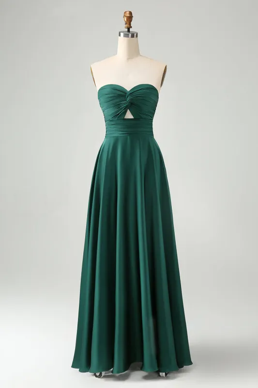 Dark Green A Line Sweetheart Satin Cut Out Pleated Long Bridesmaid Dress sold by Wedtrend
