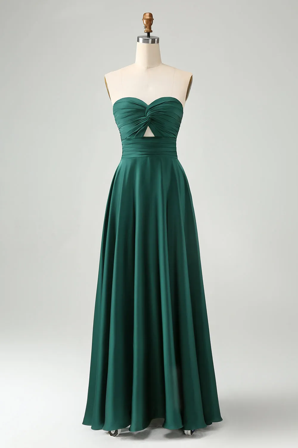 Dark Green A Line Sweetheart Satin Cut Out Pleated Long Bridesmaid Dress sold by Wedtrend