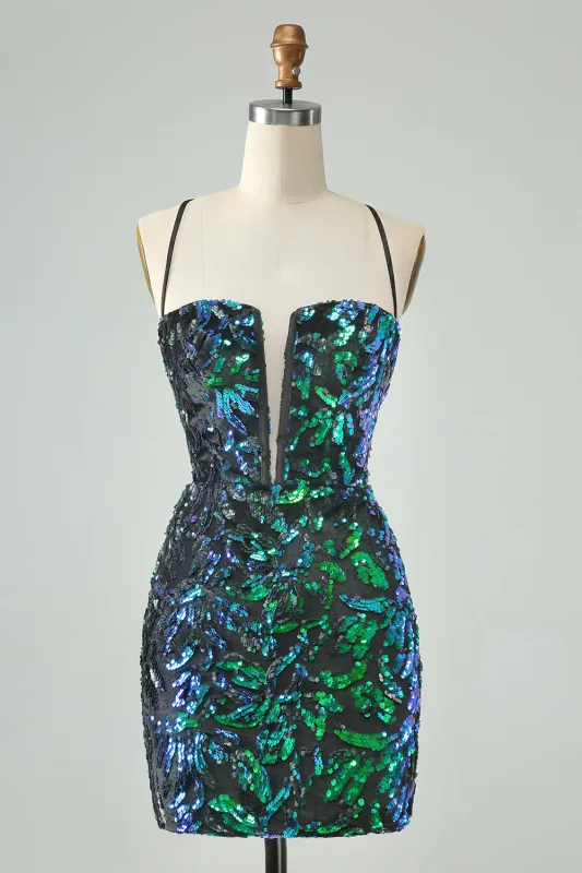 Pretty Green Black Bodycon Sparkly Sequin Short Homecoming Dress made by Wedtrend