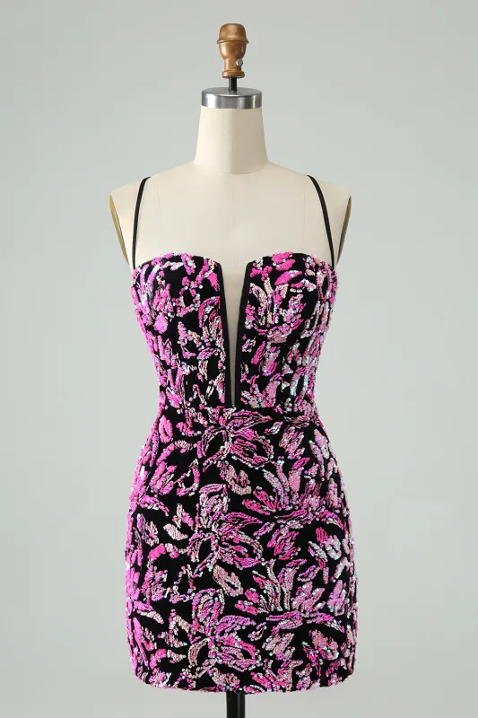 Pretty Fuchsia Black Bodycon Sparkly Sequin Short Homecoming Dress made by Wedtrend