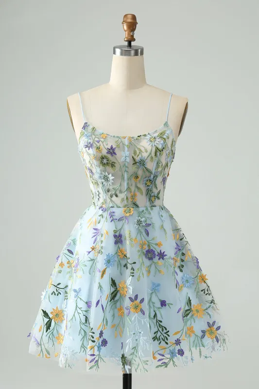 Blue Flower A Line Spaghetti Straps Corset Short Homecoming Dress with Embroidery made by Wedtrend