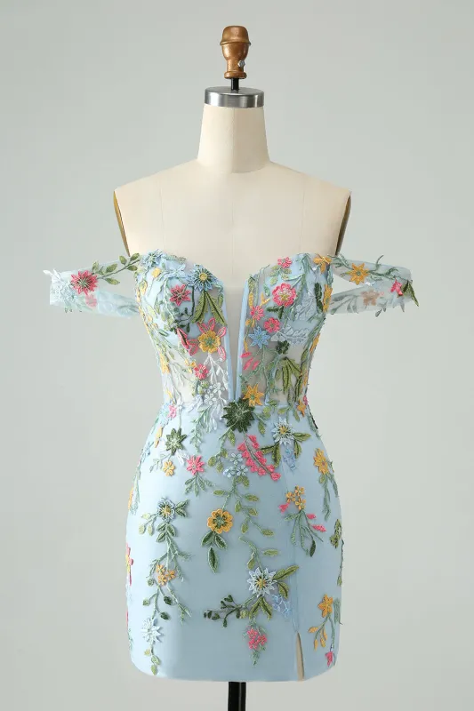 Blue Flower Mermaid Off The Shoulder Corset Short Homecoming Dress with Embroidery sold by Wedtrend