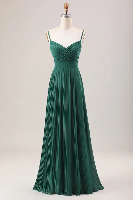 Dark Green A-Line Spaghetti Straps Pleated Chiffon Long Bridesmaid Dress sold by Wedtrend