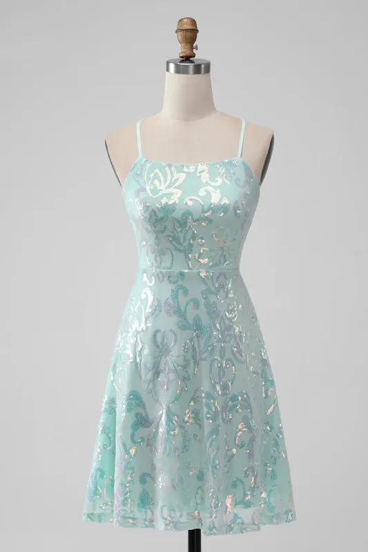 Mint A Line Sequins Short Homecoming Dress with Lace-up Back made by Wedtrend