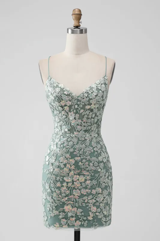 Grey Green Bodycon Lace-up Back Short Homecoming Dress with Sequin Appliqued made by Wedtrend