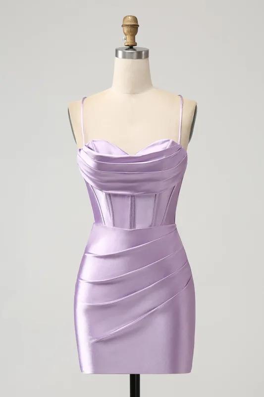 Lilac Bodycon Spaghetti Straps Corset Satin Short Homecoming Dress made by Wedtrend