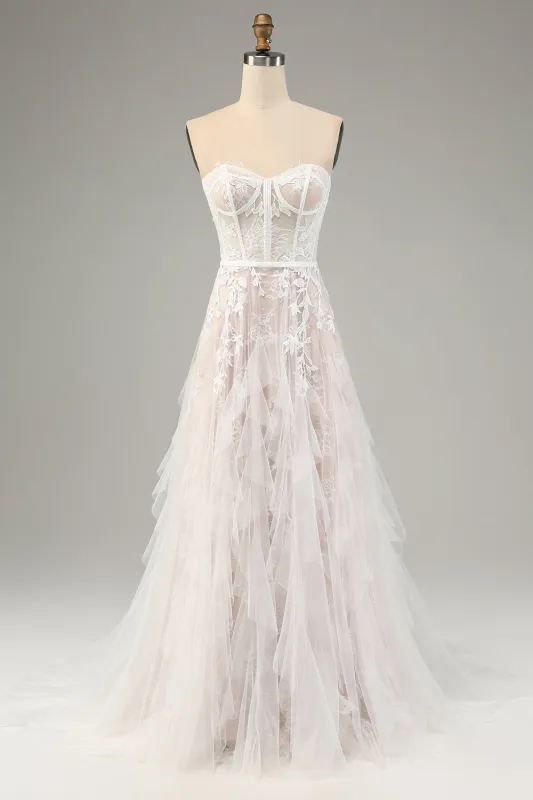 White A-Line Sweetheart Corset Long Wedding Dress with Appliques Lace made by Wedtrend