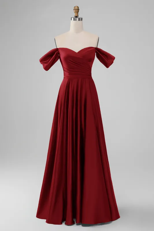 Burgundy A-Line Off The Shoulder Pleated Satin Long Bridesmaid Dress sold by Wedtrend