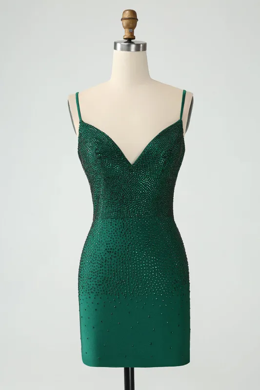 Dark Green Bodycon Spaghetti Straps Backless Homecoming Dress with Beading made by Wedtrend