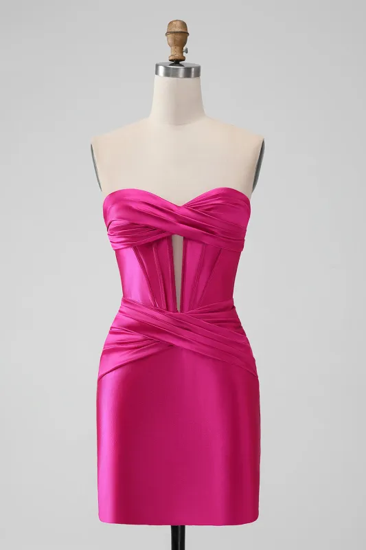 Fuchsia Bodycon Sweetheart Pleated Corset Short Homecoming Dress sold by Wedtrend