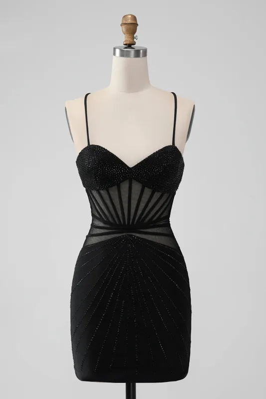 Sparkly Black Mermaid Lace-Up Back Sheer Short Homecoming Dress with Beading made by Wedtrend