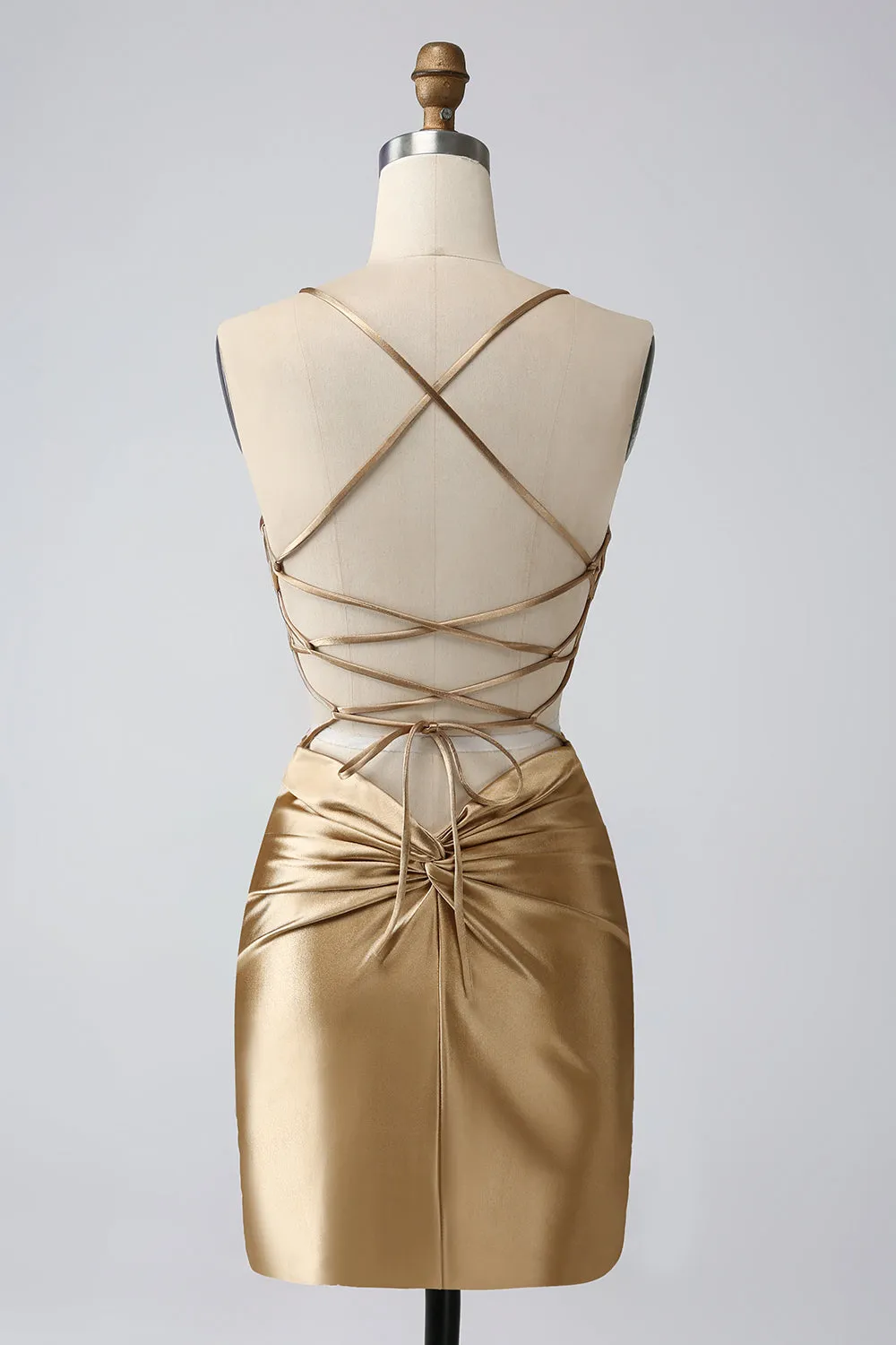 Golden Bodycon Spaghetti Straps Lace-up Back Short Homecoming Dress sold by Wedtrend product image thumbnail 2