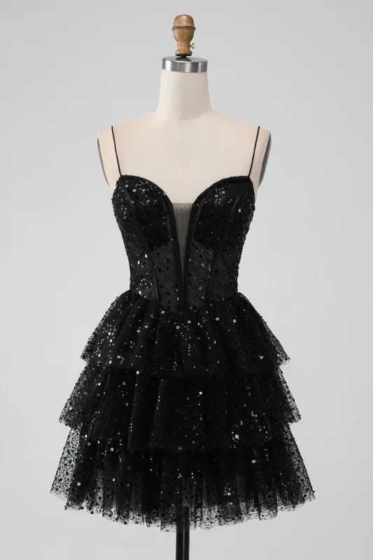 Sparkly Black A Line Spaghetti Straps Tiered Short Homecoming Dress with Sequins made by Wedtrend