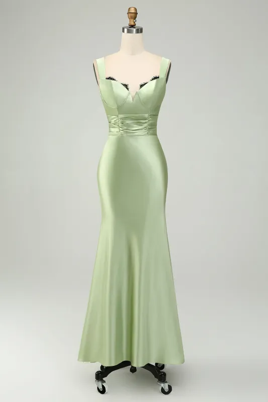 Green Mermaid Asymmetrical Satin Bridesmaid Dress sold by Wedtrend