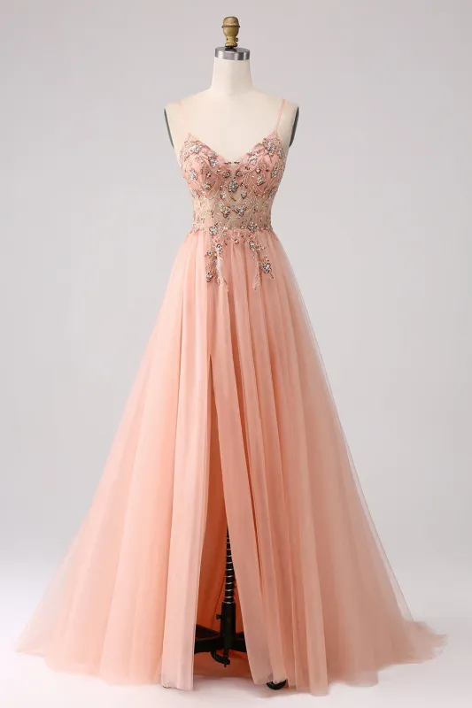 Sparkly Blush A-Line Spaghetti Straps Beaded Long Prom Dress With Slit made by Wedtrend