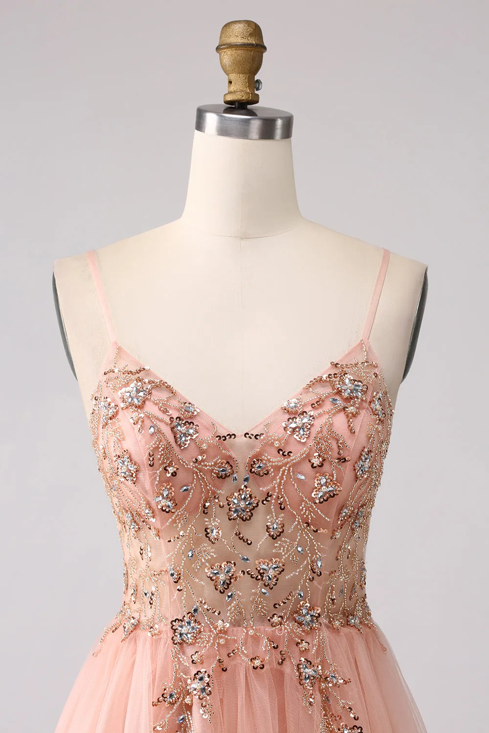 Sparkly Blush A-Line Spaghetti Straps Beaded Long Prom Dress With Slit sold by Wedtrend product image thumbnail 4