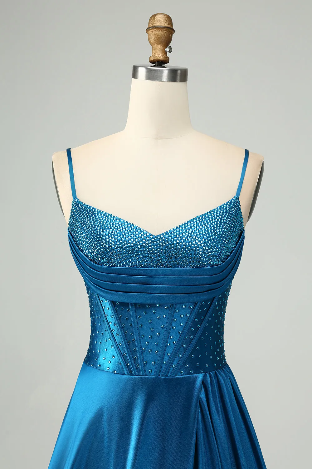 Dark Blue A-Line Spaghetti Straps Split Corset Prom Dress With Beading sold by Wedtrend product image thumbnail 4