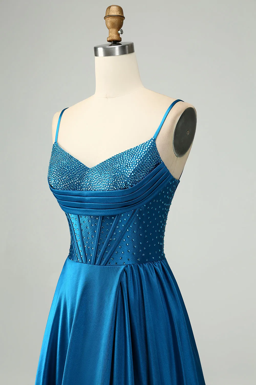 Dark Blue A-Line Spaghetti Straps Split Corset Prom Dress With Beading sold by Wedtrend product image thumbnail 5
