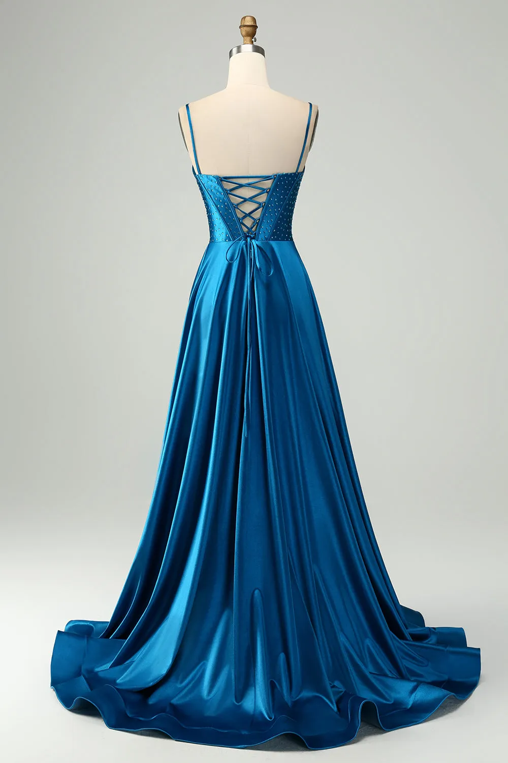 Dark Blue A-Line Spaghetti Straps Split Corset Prom Dress With Beading sold by Wedtrend product image thumbnail 2