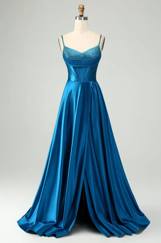 Dark Blue A-Line Spaghetti Straps Split Corset Prom Dress With Beading made by Wedtrend