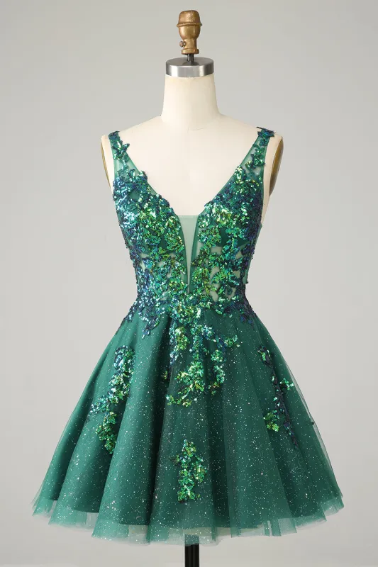 Sparkly Dark Green A Line Glitter Short Homecoming Dress with Sequins sold by Wedtrend