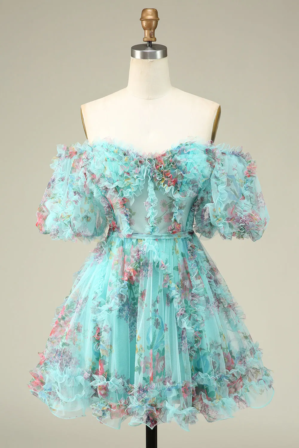 Cute A Line Off the Shoulder Green Tulle Short Homecoming Dress with Short Sleeves sold by Wedtrend