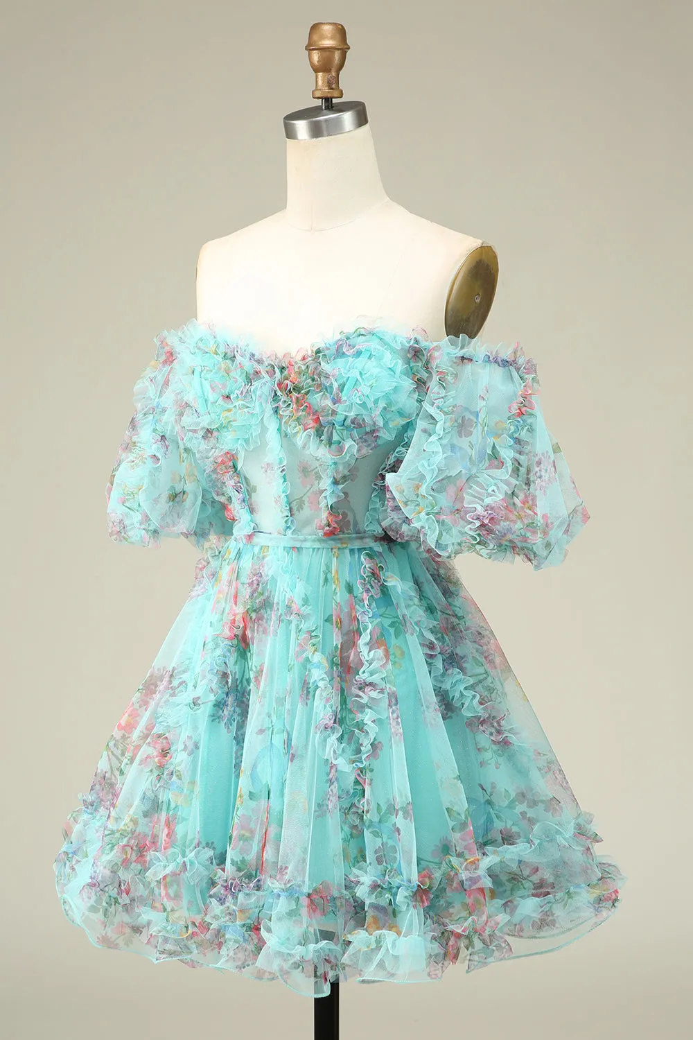 Cute A Line Off the Shoulder Green Tulle Short Homecoming Dress with Short Sleeves sold by Wedtrend product image thumbnail 3