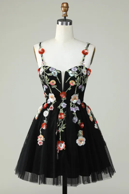 Black A Line Spaghetti Straps Sequin Homecoming Dress with Flowers made by Wedtrend