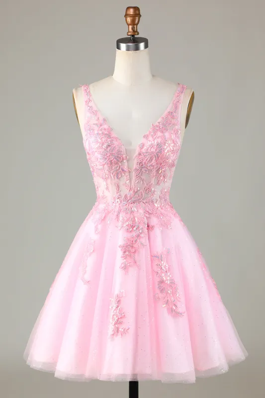 Cute Pink Glitter Sequin Short Backless Homecoming Dress with Appliques made by Wedtrend