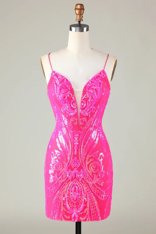 Unique Glitter Hot Pink Tight Short Homecoming Dress with Lace Up Back sold by Wedtrend