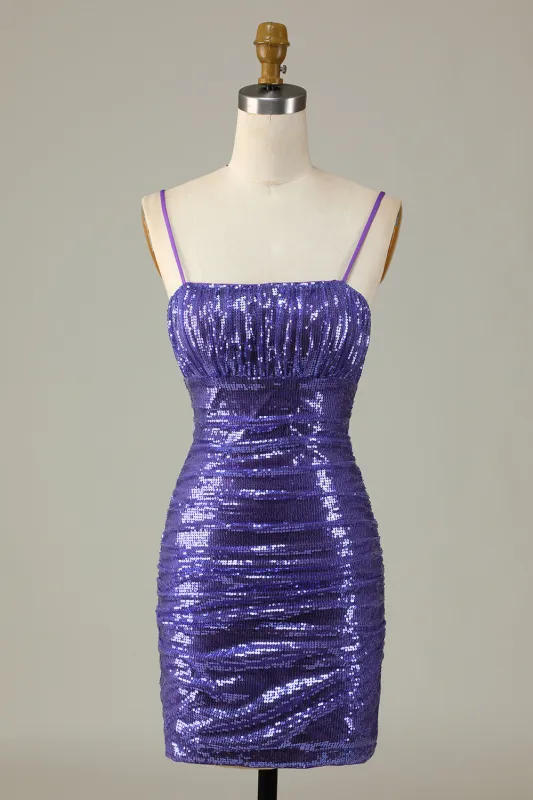 Sparkly Purple Sequins Spaghetti Straps Tight Short Homecoming Dress made by Wedtrend