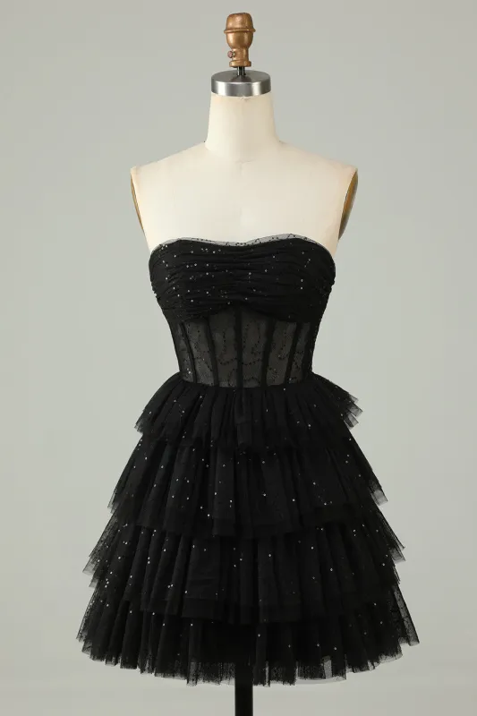 Black A Line Strapless Tiered Corset Homecoming Dress made by Wedtrend