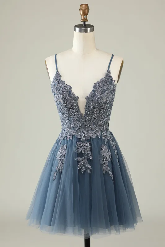 A Line Spaghetti Straps Grey Blue Short Homecoming Dress with Appliques made by Wedtrend