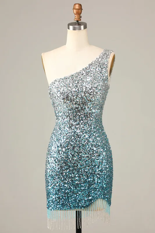 Sparkly Bodycon One Shoulder Blue Sequins Short Homecoming Dress with Tassel sold by Wedtrend
