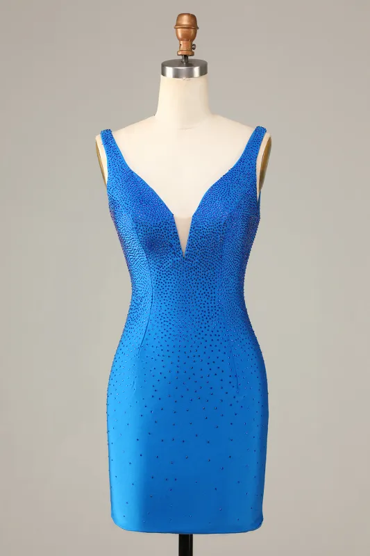 Blue Sheath Deep V Neck Short Homecoming Dress with Beading made by Wedtrend