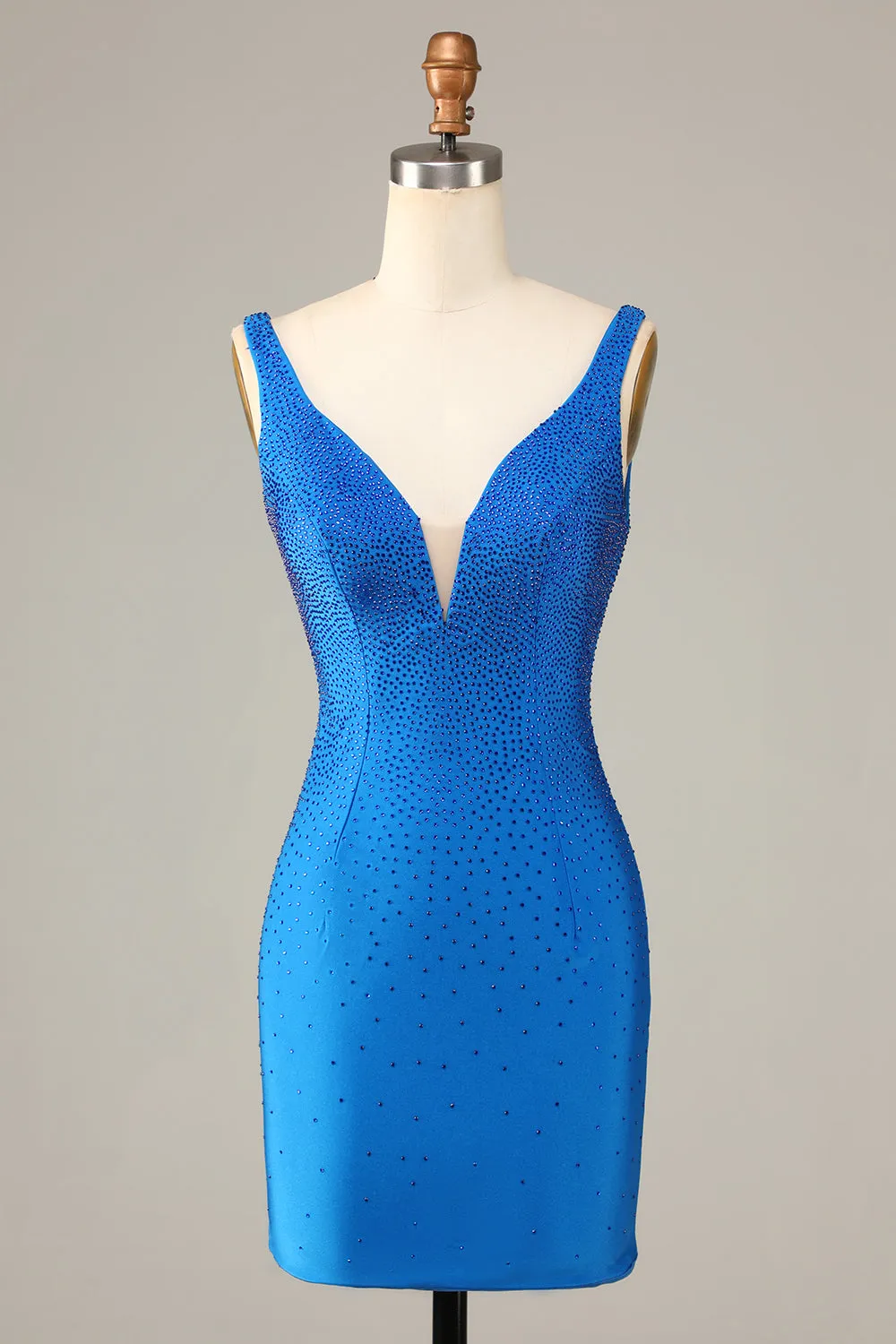 Blue Sheath Deep V Neck Short Homecoming Dress with Beading sold by Wedtrend