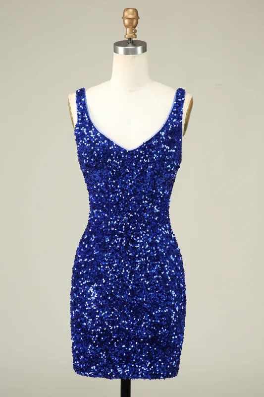 Classy Royal Blue Sheath V Neck Sequin Fitted Short Homecoming Dress sold by Wedtrend